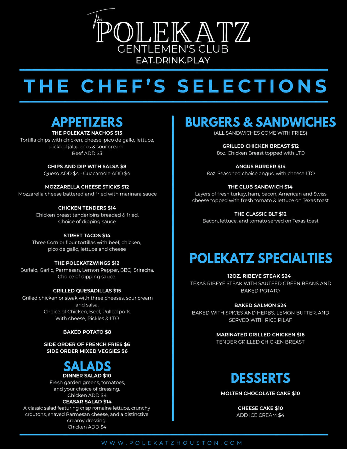 Polekatz Houston printed food menu — The Chef's Selections: appetizers, salads, burgers and sandwiches, Polekatz specialties, and desserts. Every item and price is listed as text above this image.